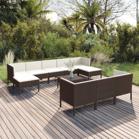 The Living Store Loungeset Rattan - 60x60x35 cm - Bruin - Crèmewit - PE-rattan - gepoedercoat staal