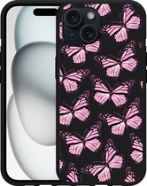 Cazy Hoesje Zwart geschikt voor iphone 15 Roze Vlinders