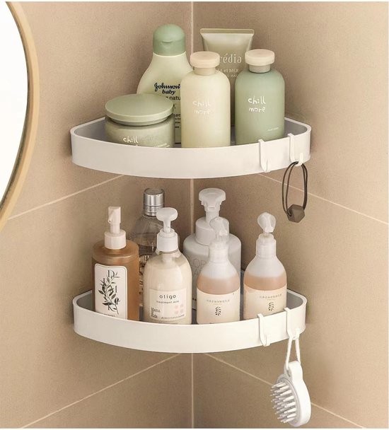 Coin D'étagère De Douche Sans Perçage, Coin D'étagère De Douche Blanc Avec 4 Crochets