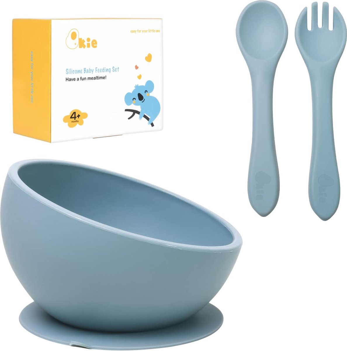 Baby siliconen kom & babybestek, schuin ontwerp voor de eerste fase van de baby, zelfvoeding, BPA-vrij, vaatwasmachinebestendig (ether blauw