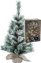 Kleine kunst kerstboom - besneeuwd - incl. gekleurde kerstballen lichtsnoer - H60 cm