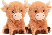 Keel Toys pluche koe met hoorns knuffeldier - 2x - bruin - zittend - 18 cm - Luxe Eco kwaliteit knuffels