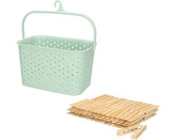 Wasknijpersmandje met ophanghaak - mintgroen - en 60x houten wasknijpers 7 cm - was ophangen