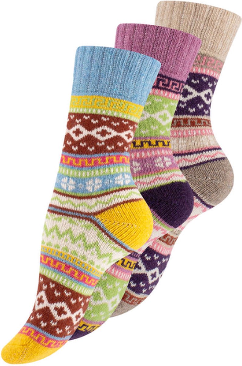 3 paar Noorse wollen sokken - Hygge - Gemixt - Ecru/Roze/Blauw - Maat 39-42