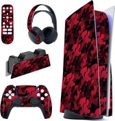 Equivera Geschikt voor PS5 Sticker - Geschikt voor PS5 Skins Voor Geschikt voor PS5 Disk Edition + Inclusief Voor Controllers, Oplaadstation, Headset & Afstandsbediening - Limited Edition Black & Red Camouflage