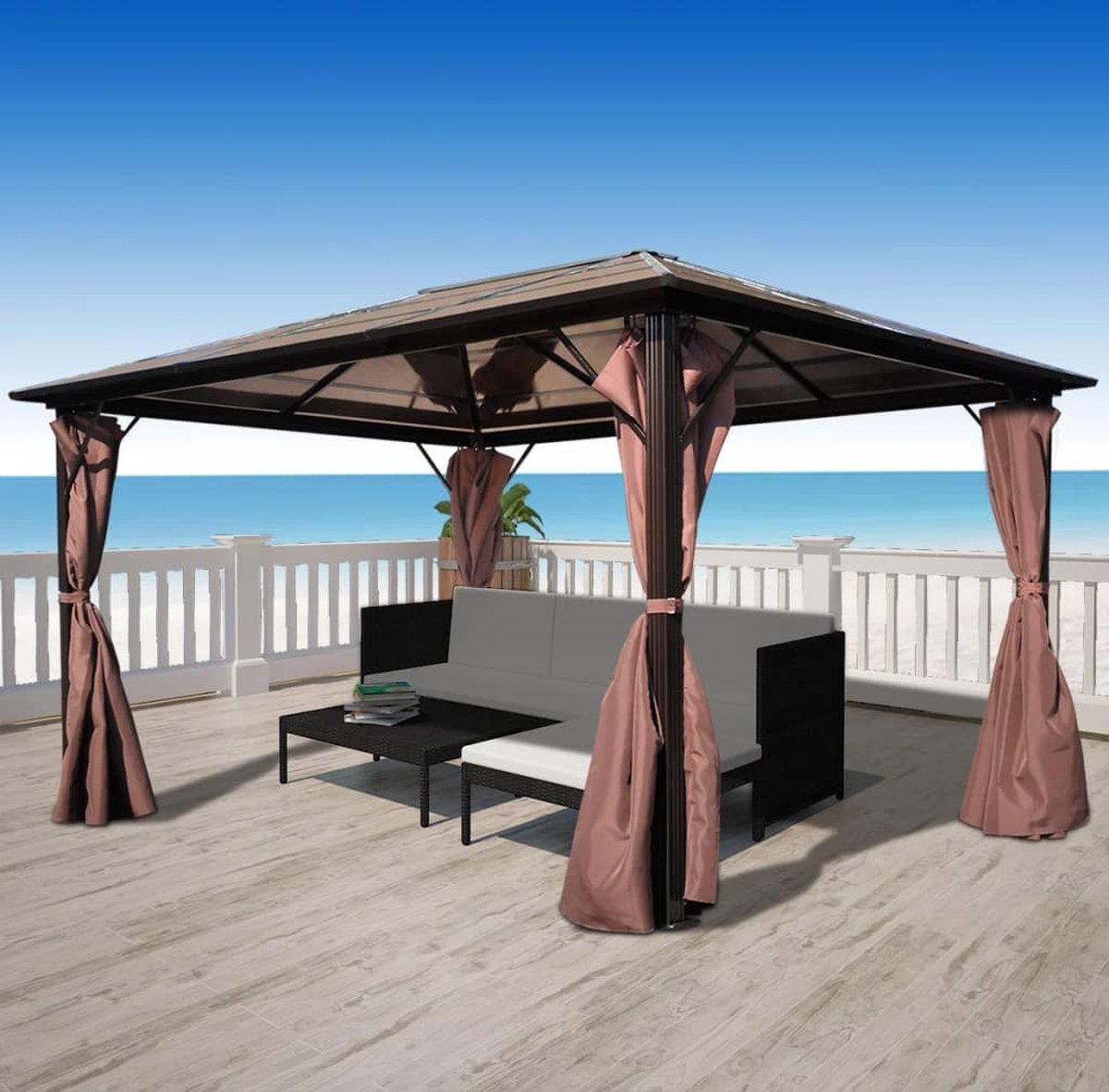 Brown aluminum garden pergola with curtain, size 400x300 cm, from The Living Store.