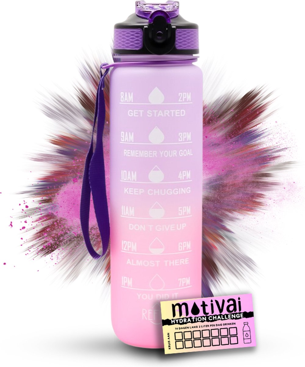 Motivai Motivatie Waterfles - Paars/Roze - Inclusief Extra Afsluitklepje - 1 Liter - Motiverende Drinkfles met Rietje - BPA Vrij - Met Motivai Hydration Challenge