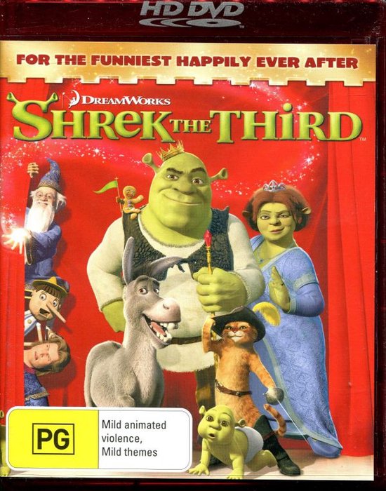 Shrek le Troisième HD DVD avec Shrek, Fiona, l'Âne, le Chat Potté, bébé Shrek et Merlin.