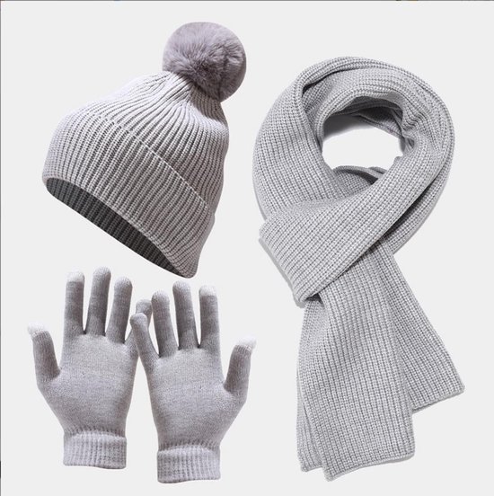 Ensemble d'hiver tricoté écharpe, bonnet, gants pour femmes - Grijs | bol