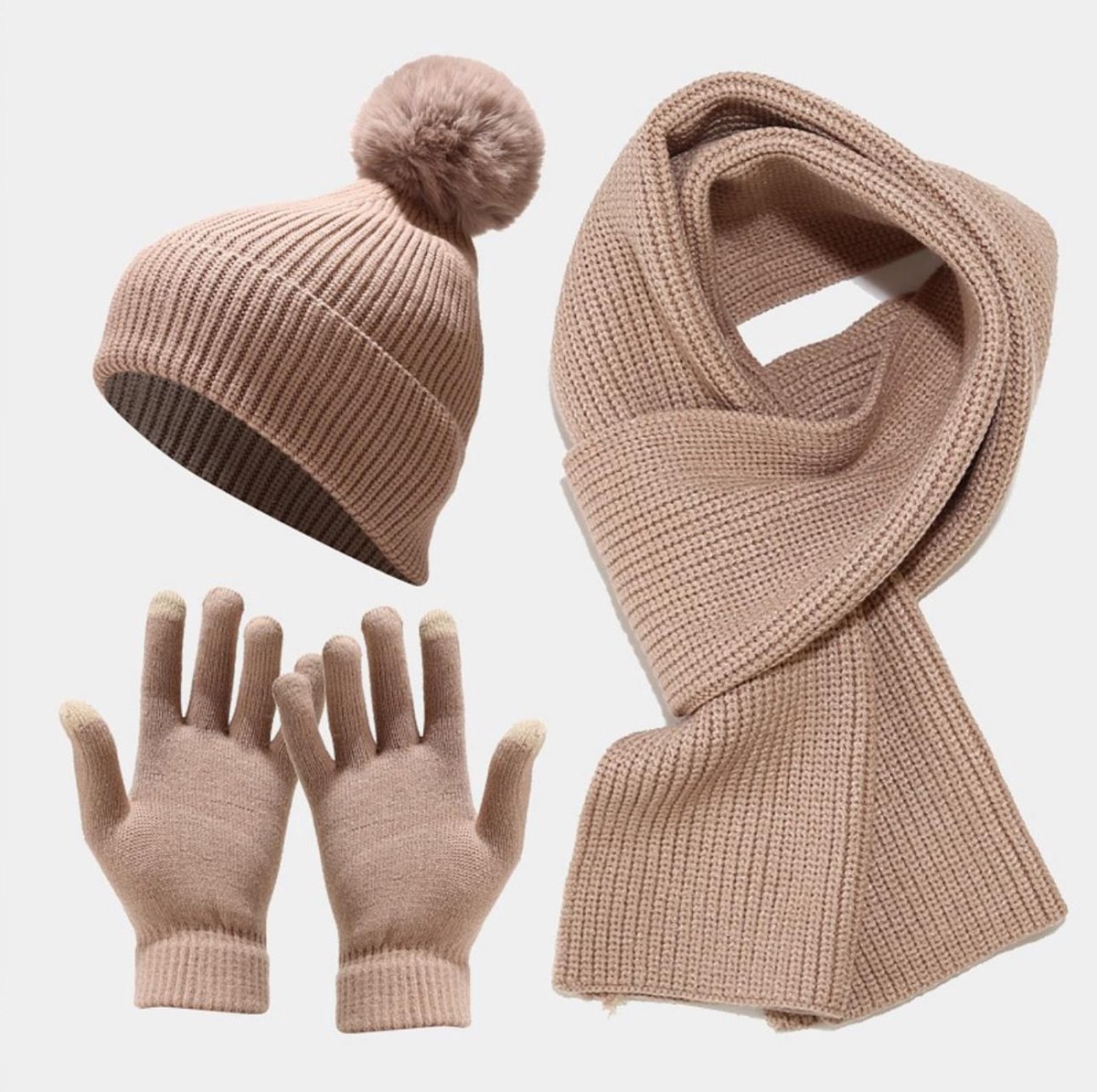 Ensemble hiver tricoté écharpe, bonnet, gants femme - Vieux rose/kaki | bol