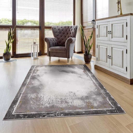 Vloerkleed rand woonkamer - 120x170 cm grijs goud gemêleerd - moderne tapijten laagpolig
