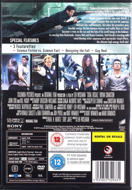 Le dos du DVD Total Recall, avec du texte et des images du film. Comprend 3 bonus.