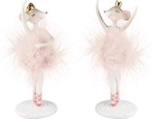 Dekoratief | Muis ballerina m/fluffy rokje, wit/roze, resina, 7x7x20cm, set van 2 stuks | A235274