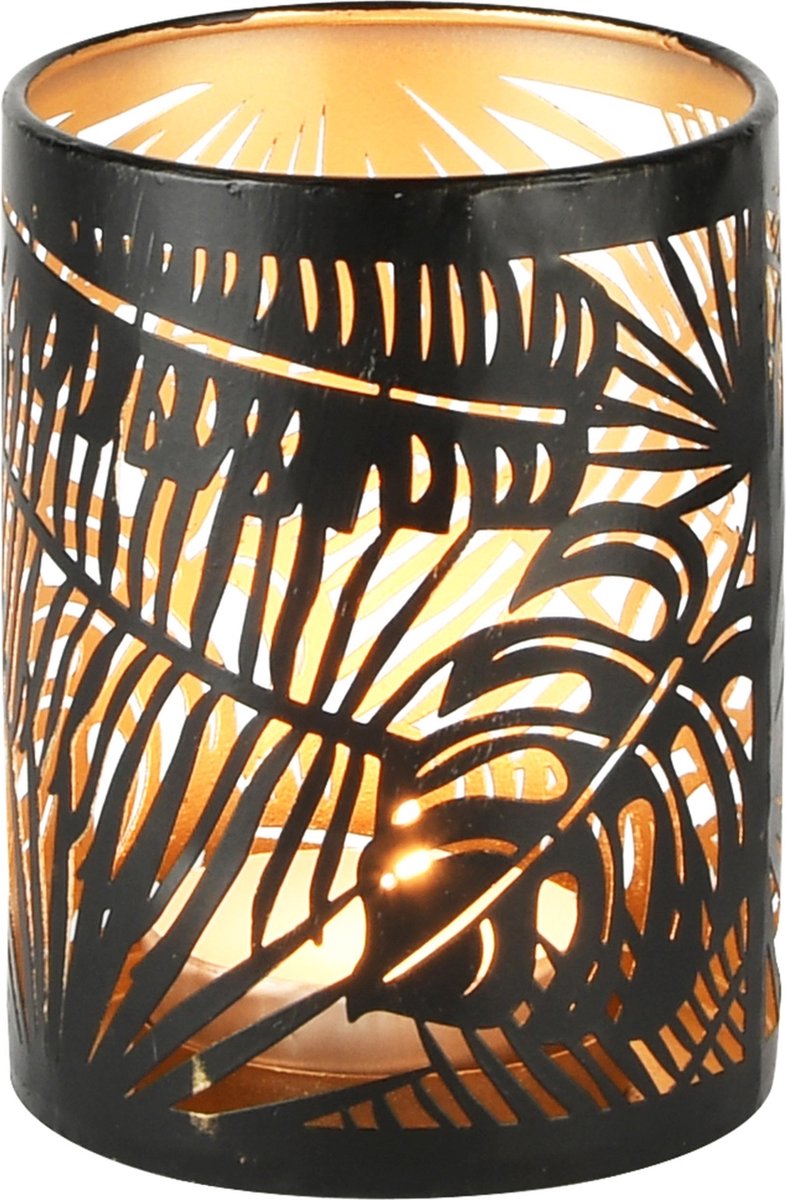 dekoratief Waxinelichthouder 'Wild Leaves', zwart/goud, metaal, 10x10x14cm | A235392