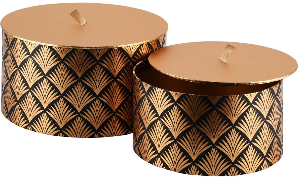 Dekoratief | Set 2 dozen rond 'Golden Lotus', zwart/goud, 20x20x10cm | A215684
