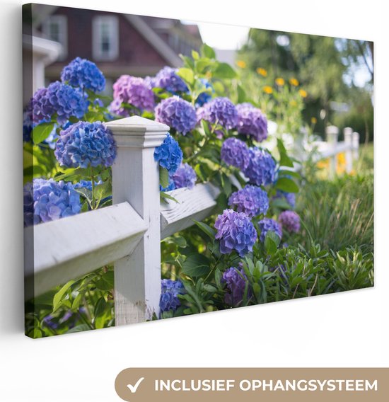 Canvas Schilderij Piket hek met hortensia - 60x40 cm - Wanddecoratie