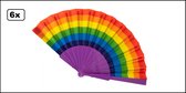 6x Waaier regenboog kleuren - carnaval thema feest gay pride party festival kleuren