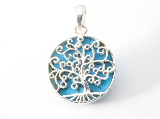 Pendentif rond en argent fin avec arbre de vie sur turquoise bleue