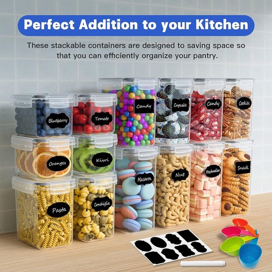 24 luchtdichte dozen voor de keuken, met deksel, lepels, pen en etiketten, perfect voor het bewaren van granen, pasta, meel (2,8 l, 2 l, 1,4 l, 0,8 l