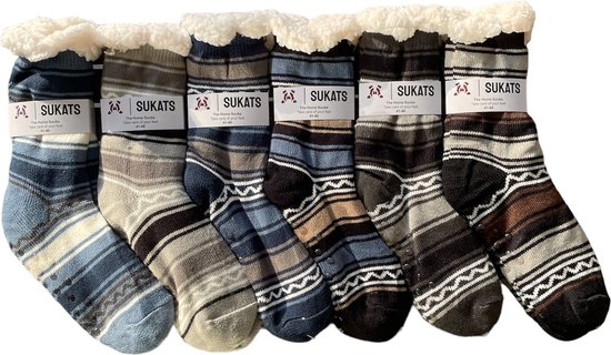 Chaussettes d'intérieur Sukats® - Chaussettes de maison - 6 paires - Taille 41-46 - Antidérapantes - Moelleuses - Chaussettes d'intérieur pour hommes - Variant 1