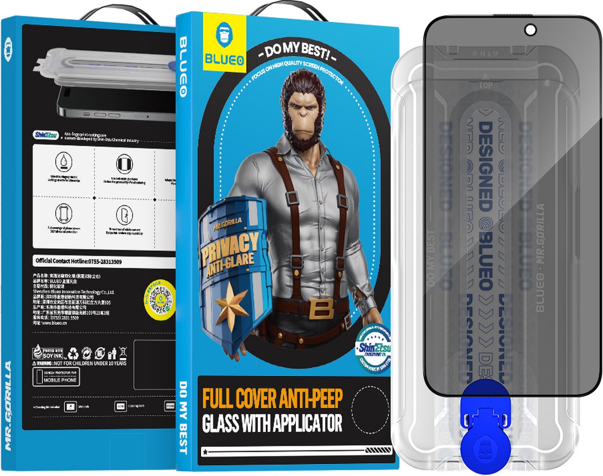BLUEO Gorilla Glasfolie - Privacy Screenprotector Geschikt voor iPhone 15 Pro Max - Met Installatie Kit