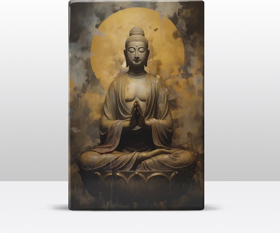 Buddha met gevouwen handen - Mini Laqueprint - 9,6 x 14,7 cm - Niet van echt te onderscheiden handgelakt schilderijtje op hout - Mooier dan een print op canvas. - LWS505