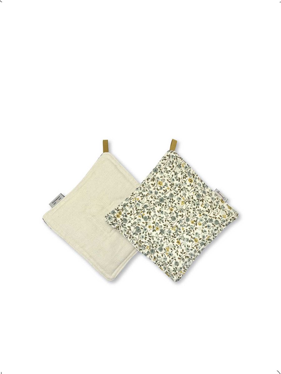 Duurzaam cadeau - Tweezijdige pannenlap - Groene bloemen - Set van 2 - 20x20cm - Zero waste