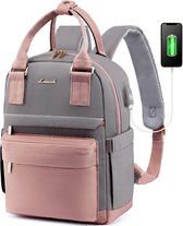 Kleine rugzak met USB-oplaadpoort - Roze/grijs - 23 x 31 x 12,7 cm - Rugtas voor dames met tabletvak - Waterbestendig - 9 L