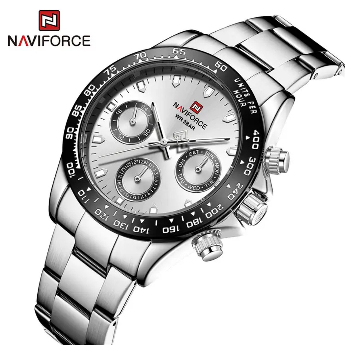 NAVIFORCE horloge voor mannen, met zilveren metalen polsband, zwarte uurwerkkast en witte wijzerplaat ( model 9193 SBW ), verpakt in mooie geschenkdoos