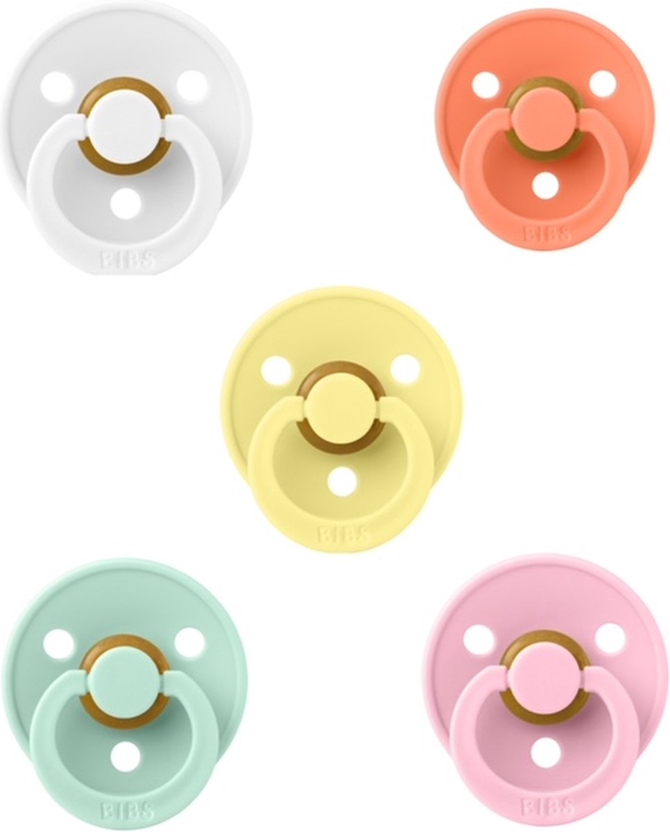 Goedkoopste Bibs fopspenen 0-6 maand set 5 stuks Baby Pink,White,Sun Shine,Papaya en Nordic Mint maat 1