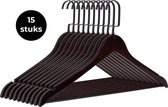 Eleganca luxe kleerhangers - Kledinghanger - 15 stuks - Behandeld hout - 45 x 26 cm - Multifunctionele kledinghanger - Gelakt - Met platte zwarte haak - Donker massief hout