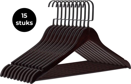 Foto: Eleganca luxe kleerhangers kledinghanger 15 stuks behandeld hout 45 x 26 cm multifunctionele kledinghanger gelakt met platte zwarte haak donker massief hout