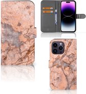 Wallet Book Case Geschikt voor iPhone 15 Pro Max Telefoon Hoesje Marmer Oranje