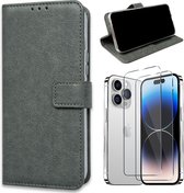Casemania Hoesje Geschikt voor Apple iPhone 15 Plus Grijs & 2X Glazen Screenprotector- Portemonnee Book Case - Kaarthouder & Magneetlipje