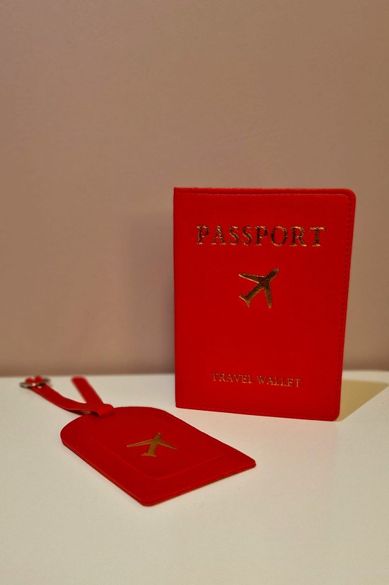 Couverture de passeport avec étiquette de bagage - Rouge avec Or - Porte-passeport - Couverture de passeport - Accessoires de voyage - Étiquette de bagage - Étiquette de bagage - Set - Passeport et étiquette - Vacances