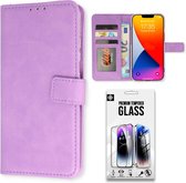 Casemania Coque pour Apple iPhone 15 Violet & Protecteur d'écran en Verres - Étui portefeuille - Porte-cartes et languette magnétique