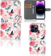 Smartphone Hoesje Geschikt voor iPhone 15 Pro Max Flipcase Cadeautjes voor Moederdag Butterfly Roses