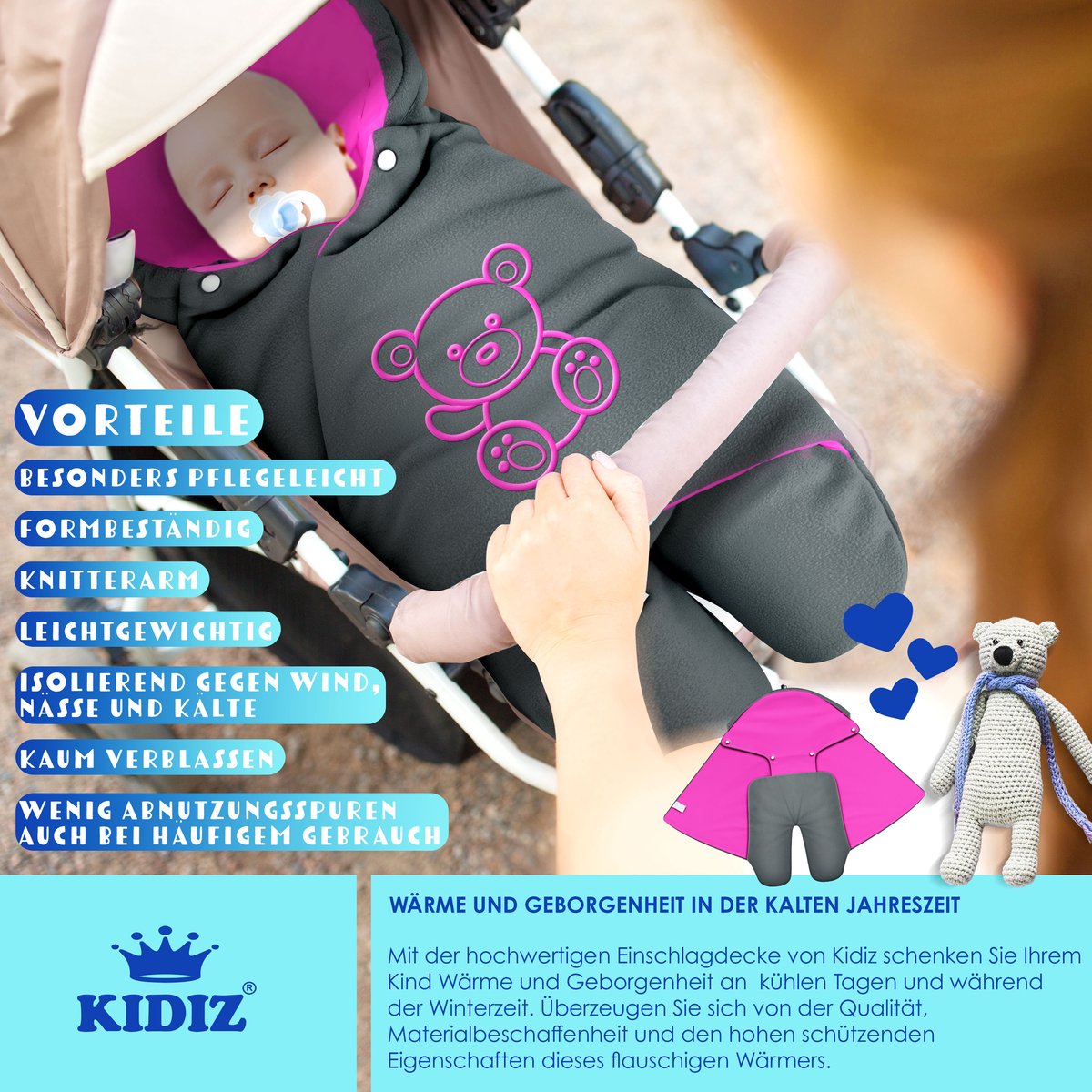 KIDIZ® Baby Slaapzak voor Buggy Voetenzak voor Autostoeltje & Wandelwagen Babyschaal, voor Winter met Kap + Babyslaapzak Deken voor Maxi-Cosi & Kinderwagen alle Gordelsystemen 3 & 5-Puntsgordel - Antraciet / Roze – foto 2