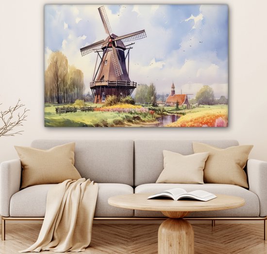 Canvas schilderij 140x90 cm - Wanddecoratie Molen - Nederland - Kunst - Landschap - Nederland - Muurdecoratie woonkamer - Slaapkamer decoratie - Kamer accessoires - Schilderijen