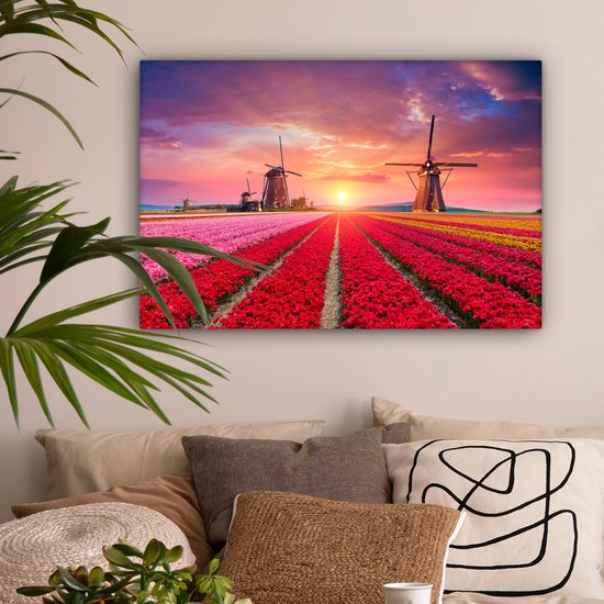 Moulin à peinture sur toile - Fleurs - Coucher de soleil - Hollandais - 60x40 cm - Décoration murale