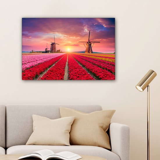 Moulin à peinture sur toile - Fleurs - Coucher de soleil - Hollandais - 60x40 cm - Décoration murale