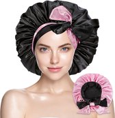 Dubbelzijdige Satijnen Slaapmuts met Verstelbare hoofdband met Lange Lussen - Bonnet van Satijn - Haarnetje - Licht Roze/Zwart