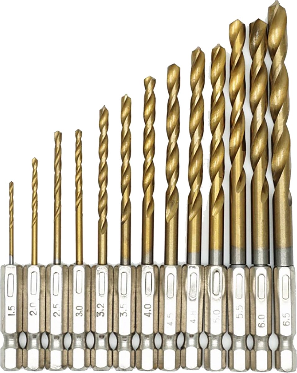 Metaal boren set 13 stuks / 1.5mm 2mm 2.5mm 3mm 3.2mm 3.5mm 4mm 4.5mm 4.8mm 5mm 5.5mm 6mm 6.5mm met 1/4 opname Metaalboren / HaverCo