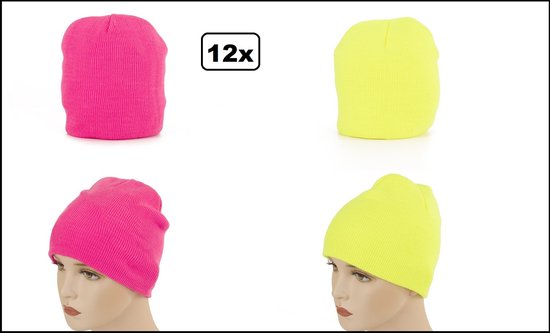 12x Muts Beanie neon pink en neon geel - skater thema feest festival fun optocht beanie