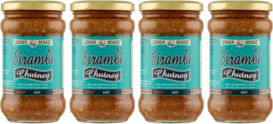 Vier potten Birambi Chutney van Lekker Bekkie, met een turquoise etiket en gouden deksels.