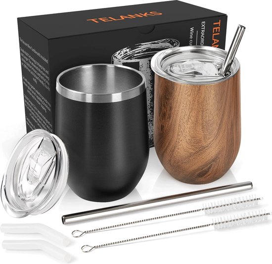 Volhoply Set van 4 350 ml roestvrijstalen wijnglazen zonder steel, met deksel, dubbelwandige geïsoleerde wijnglazen met rietje, koffiebeker voor op reis, metaal, voor vrouwen, kerstcadeau
