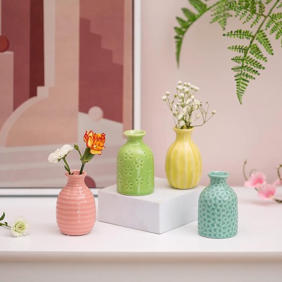 Mini keramische bloemenvaas: moderne kleine vaas set met 4 bud vazen voor bloemen voor thuis, woonkamer, tafeldecoratie, bruiloftsfeest, 7,5 cm (blauw/groen/geel/roze)