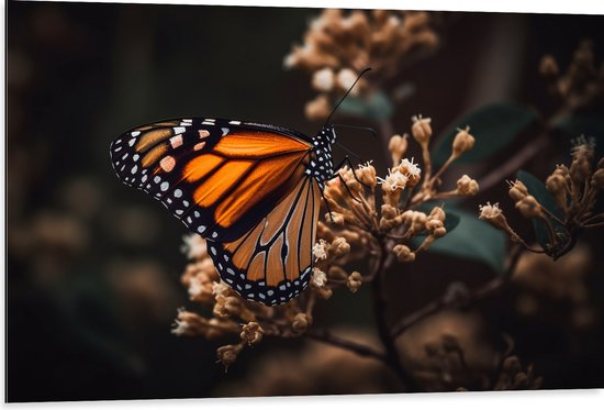 Dibond - Monarchvlinder zit op crème gekleurde bloemen - 105x70 cm Foto op Aluminium (Met Ophangsysteem)