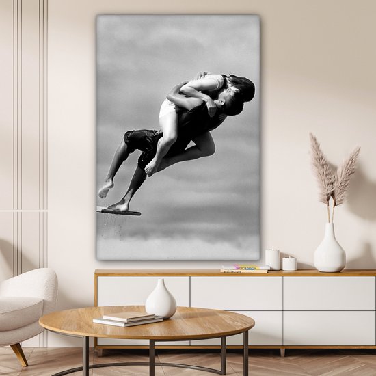 Peinture sur toile - Photo sur toile - Couple - Plongeoir - Zwart - Wit - Amour - Décoration murale - 90x140 cm - Canvasdoek