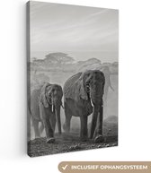 Canvas schilderij - Olifant - Dieren - Zwart - Wit - Natuur - Foto op canvas - 90x140 cm - Canvasdoek - Schilderij olifant